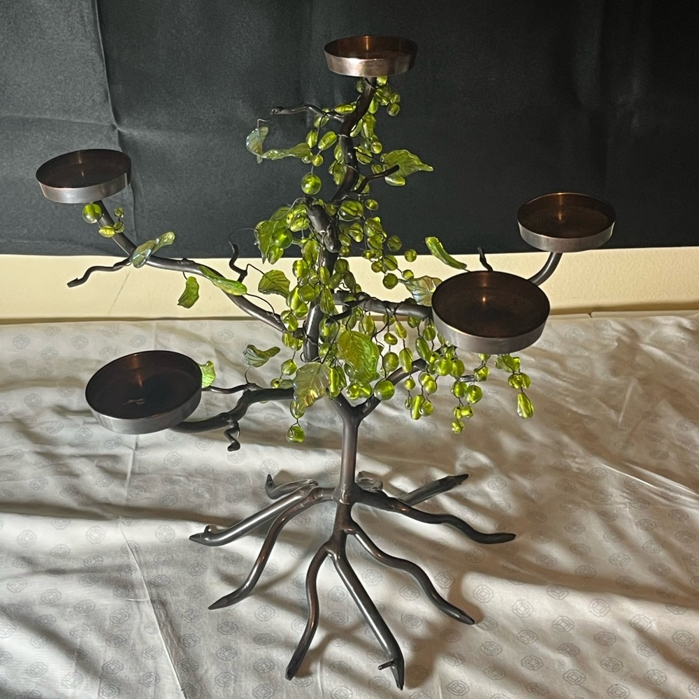 Bronze Green Beaded Tree Tabletop Candleholders